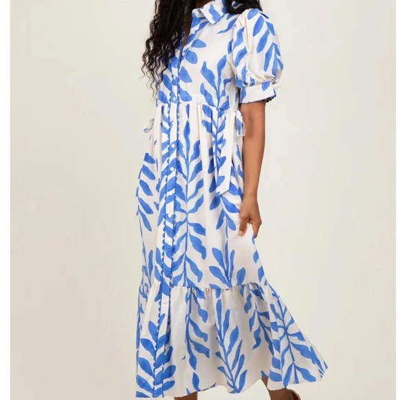 Blue and White Leaf Print Dress - Picture 3 of 9